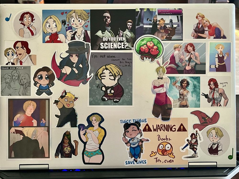 My lowkey demented laptop. Featuring the art of  @martinag.bsky.social @phons0.bsky.social @ktovhinao.bsky.social @chiiro.bsky.social @taiyakipress.bsky.social @nyaaatto.bsky.social and @taurbell.bsky.social