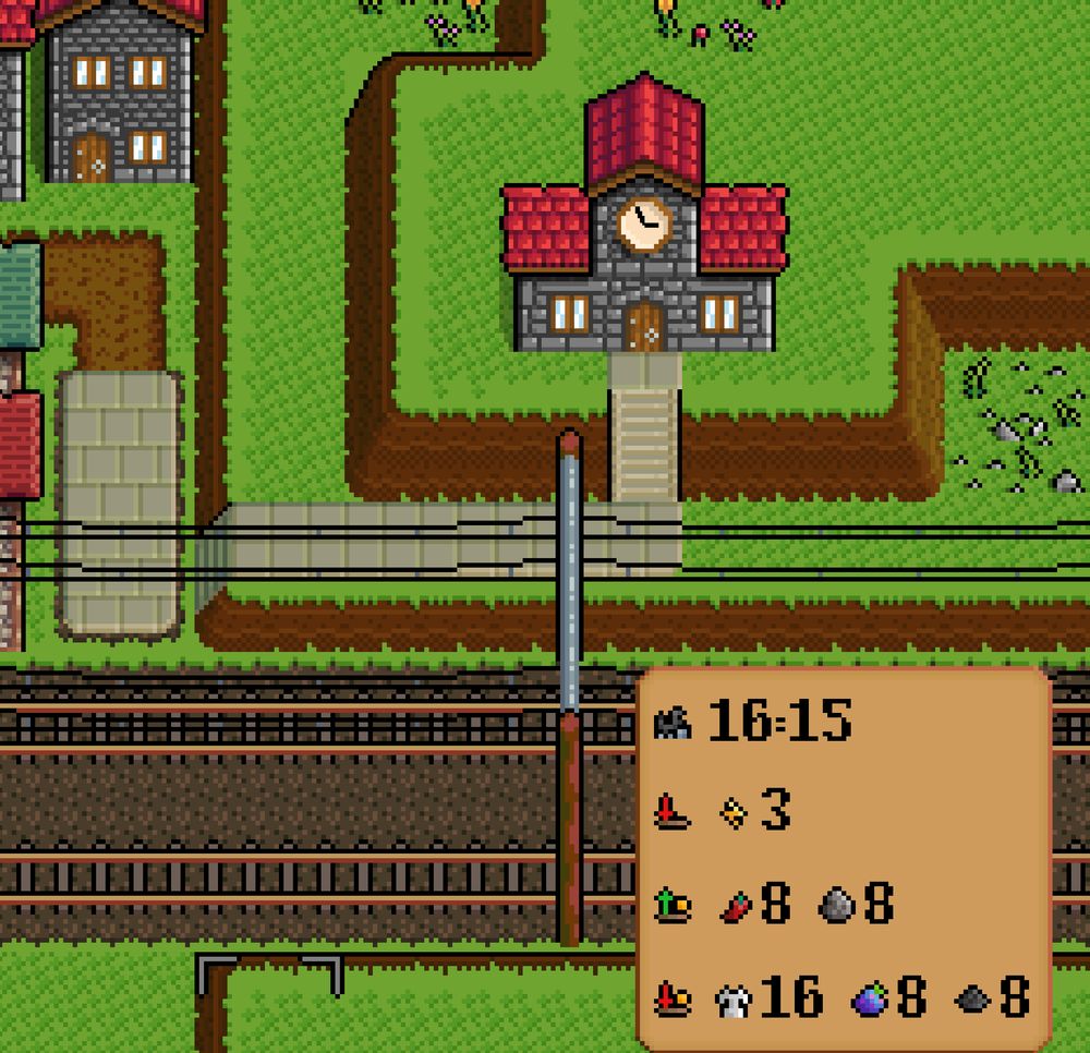 A screenshot of Iron Village with a small HQ on a hill. It has a large clock on it, telling the actual game time.