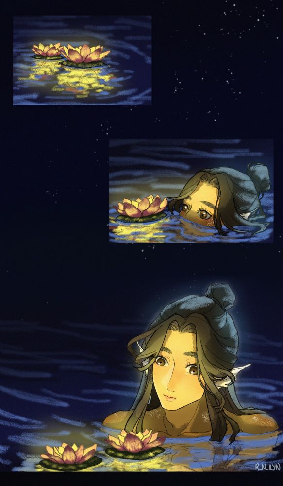 First panel are two lotus lanterns floating in the water. Second panel is 
 Mermaid Xie Lian peeking through. 3rd panel shows Xie Lian looking at the floating lotus lanterns.