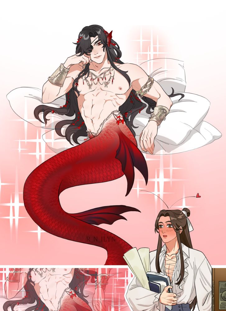 Mermaid Hua Cheng posing seductively with pillows behind him. Xie Lian opening the door with papers and books in his right hand. He is blushing with his laser focus on Hua Cheng's abs.