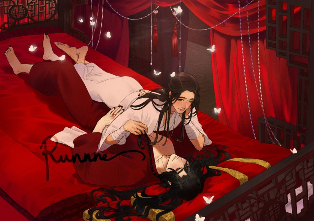 Similar photo to the first one, but without the curtains in the front of the viewer. Hua Cheng and Xie Lian lying in bed, looking lovingly at each other. Xie Lian on top of Hua Cheng, playing with his braid.