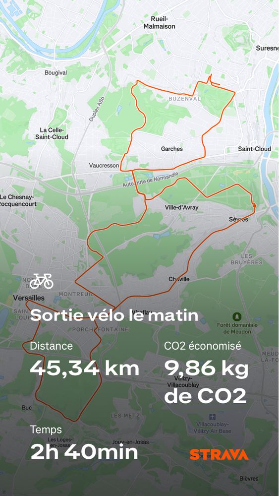 Capture strava avec le tracé sur la carte 
45,34 km
2h40
9,86kg de CO2