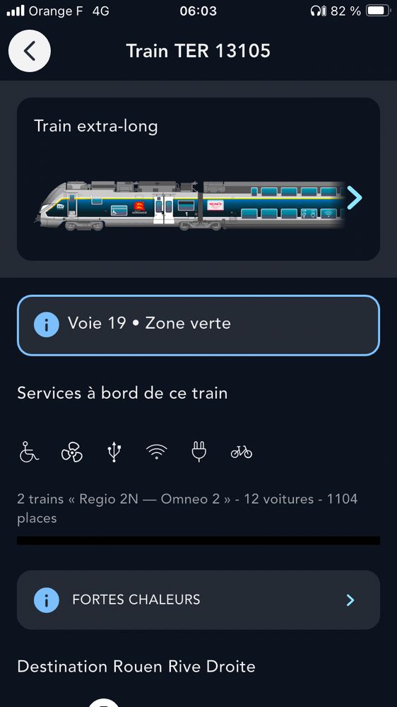 Capture d’écran de l’appli sncf, 2 trains Regio 2N - Omneo 2, 12 voitures, 1104 places