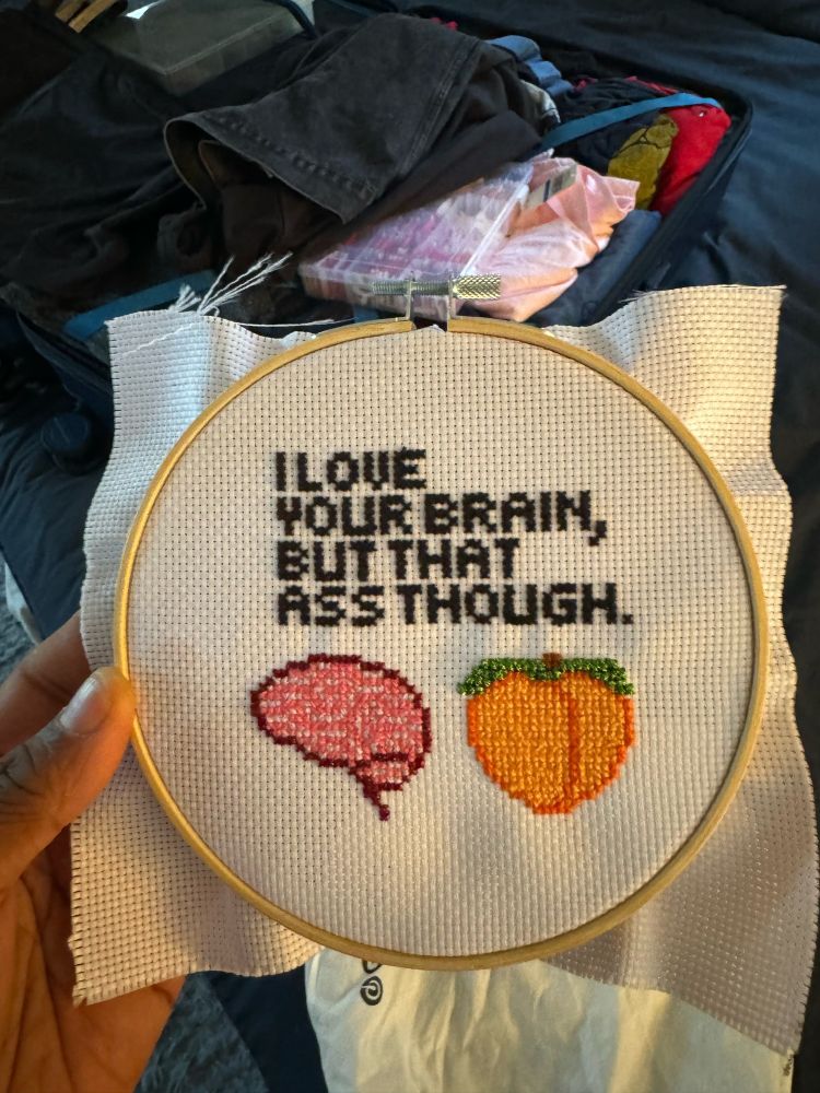 One of those sewing embroidery things with the text "I love your brain, but that ass though" with a sewn image of a brain and a peach next to each other under the text