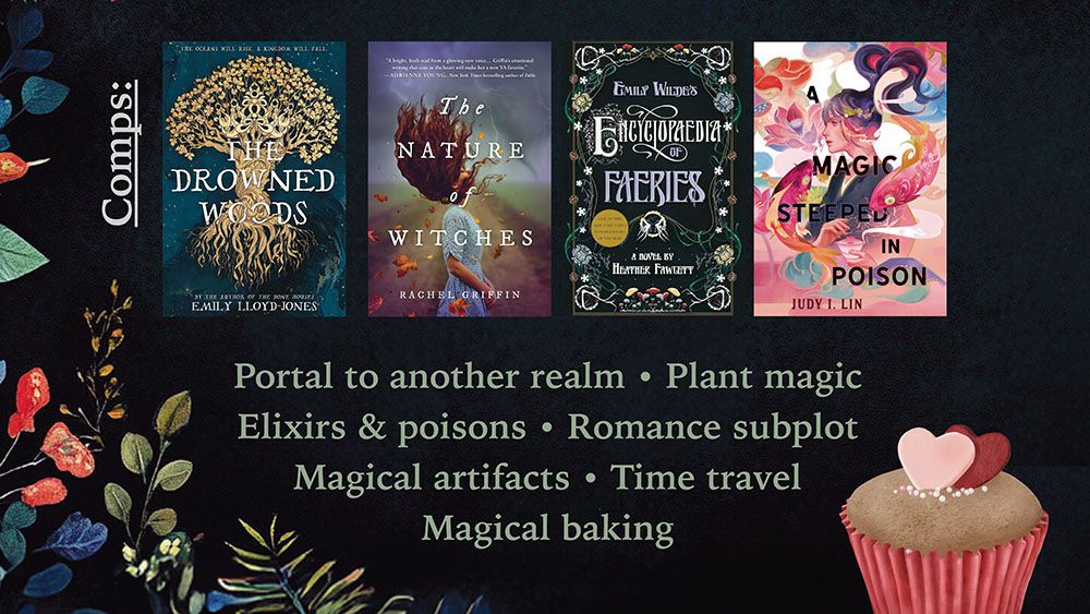 Comp titles: The Drowned Woods by Emily Lloyd-Jones, The Nature of Witches by Rachel Griffin, Emily Wilde's Encyclopaedia of Faeries by Heather Fawcett, A Magic Steeped in Poison by Judy I Lin. 
Themes: Portal to another realm, plant magic, elixirs and poisons, romance subplot, magical artifacts, time travel, magical baking.