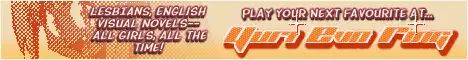 old-web internet ad for the "Yuri EVN Ring". Reads "Lesbians, English visual novels--all girls, all the time! Play your next favourite at... Yuri EVN Ring"