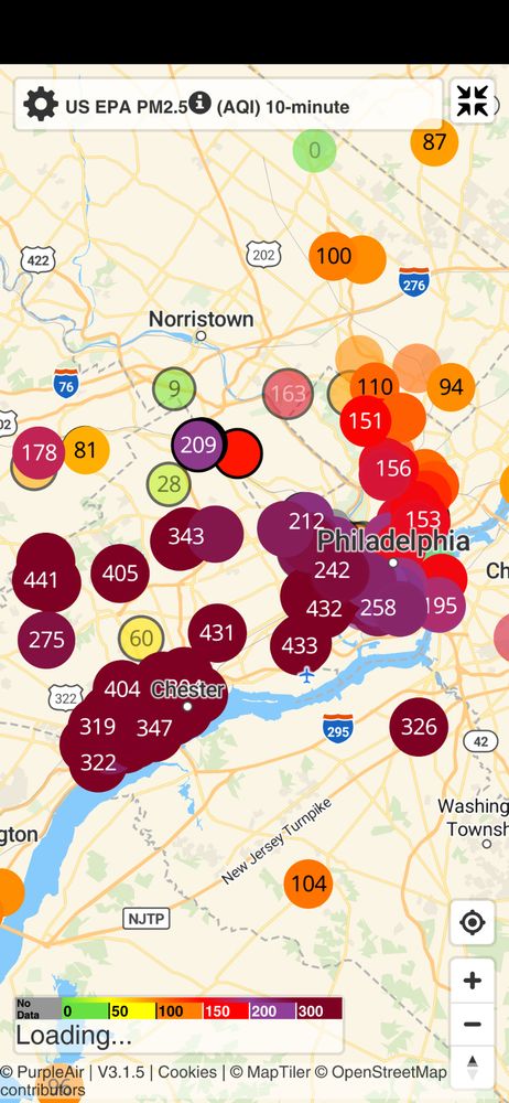 Screenshot of purple air monitoring map around Philly from 2:30 a.m. ish EST showing bad values across the city but the worst from Center City southwest to Chester and in NJ across the river. The bad values are all way over 300 AQI.