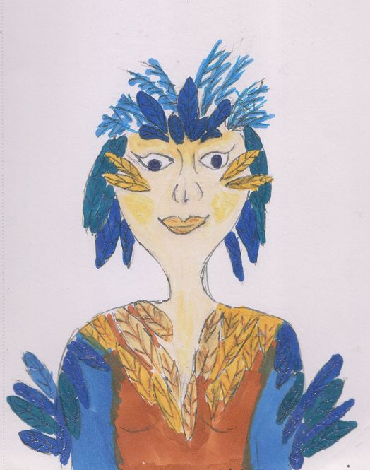 A woman depicted facing forwards with a large head. Her arms and the top of her head are covered in blue feathers, and brown feathers decorate her cheeks and torso. Her nose is slightly angular and has a pointed tip.