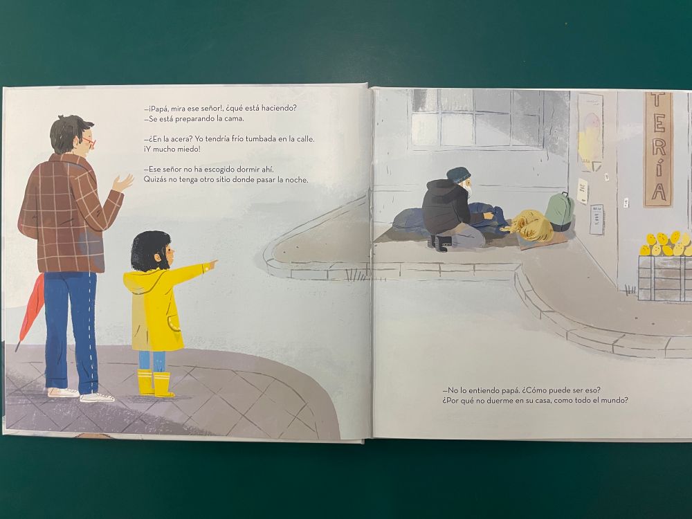 Illustration from book that shows little girl asking her father about an unhoused man. 