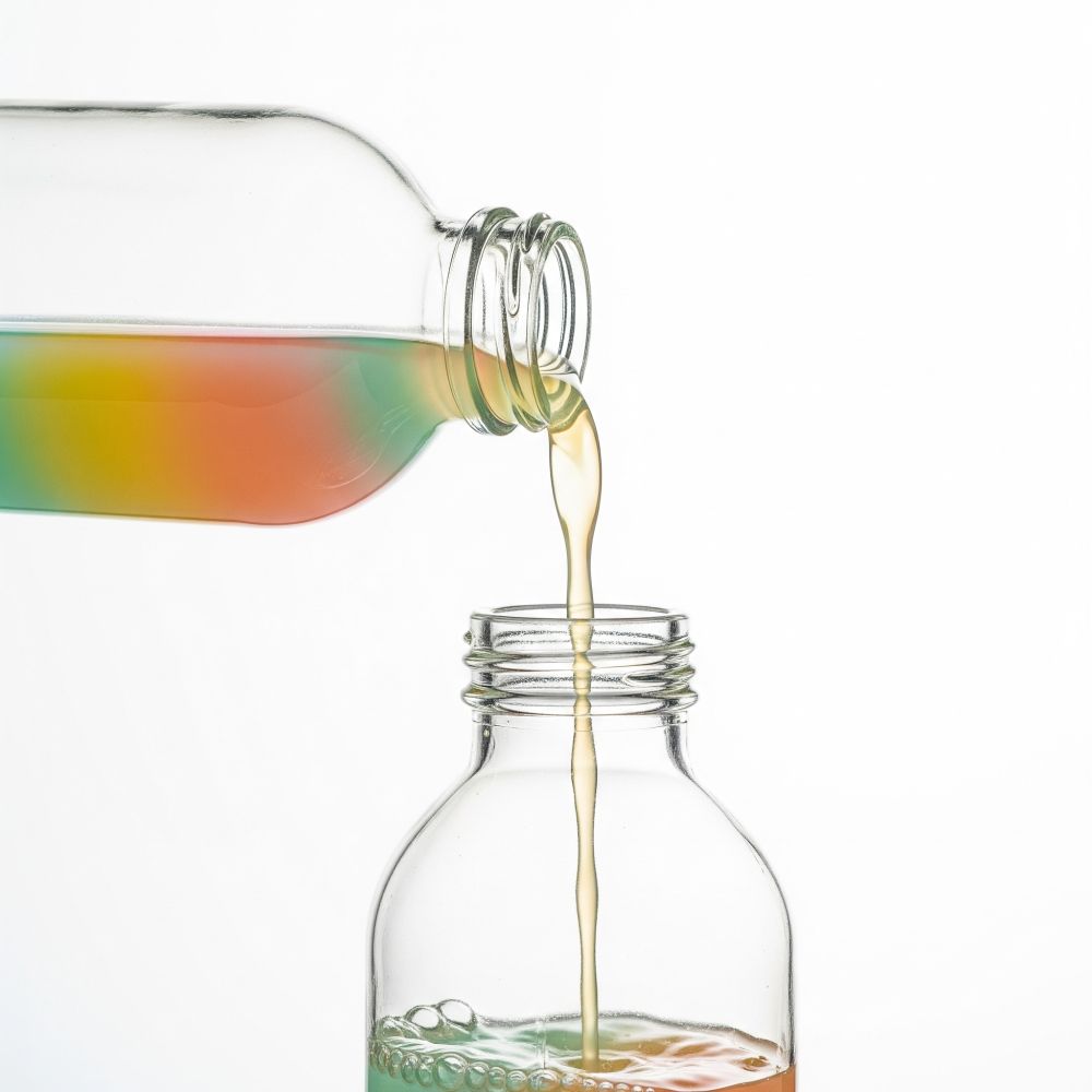 Colorful liquid flowing from one bottle into another, as an illustration for (data) leakage.