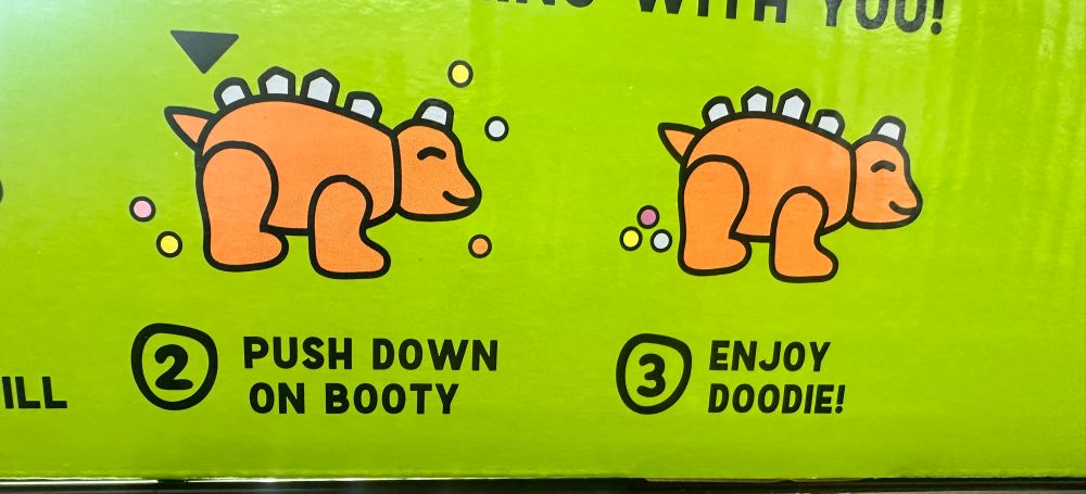 A box of candy with a drawing on the side showing a cartoon dinosaur with the instructions to - push down on its booty to expel candy from its butt. Push down on booty, enjoy doodie!