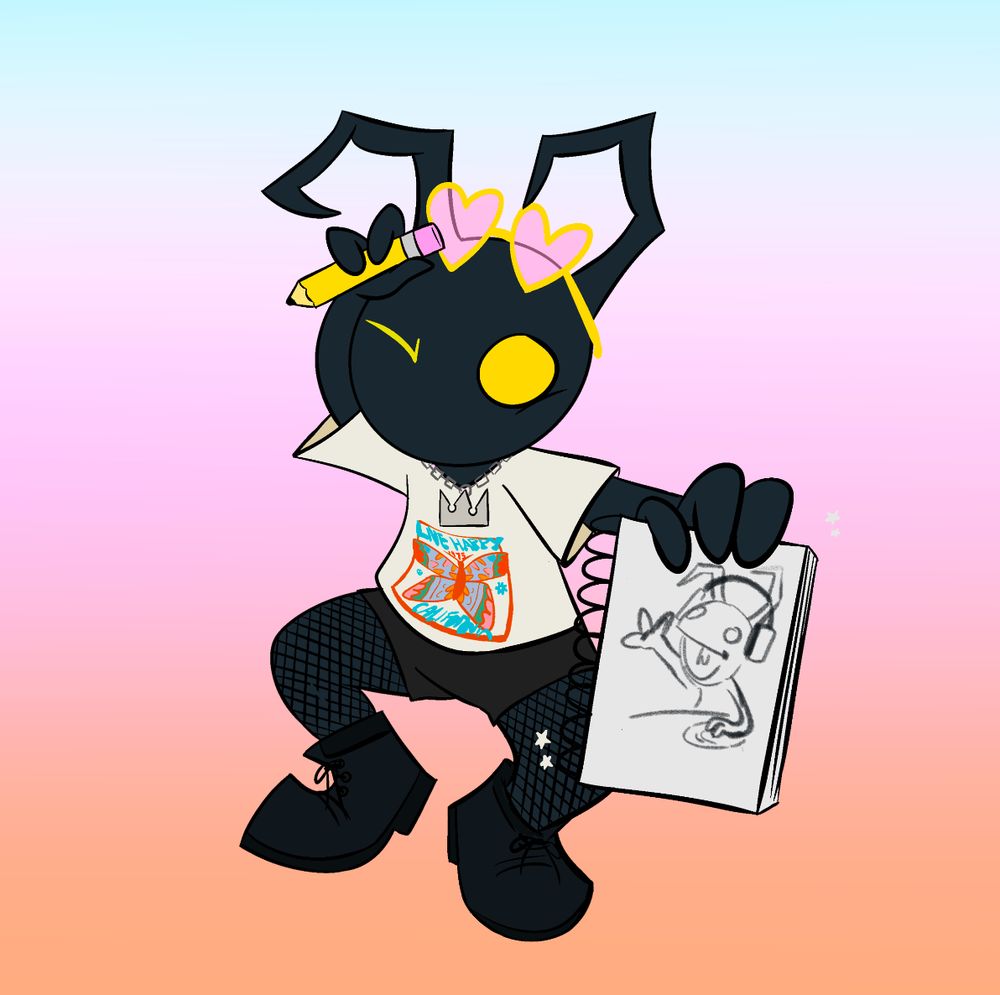 A shadow heartless dressed up like Frootoon with a pencil and a sketchpad