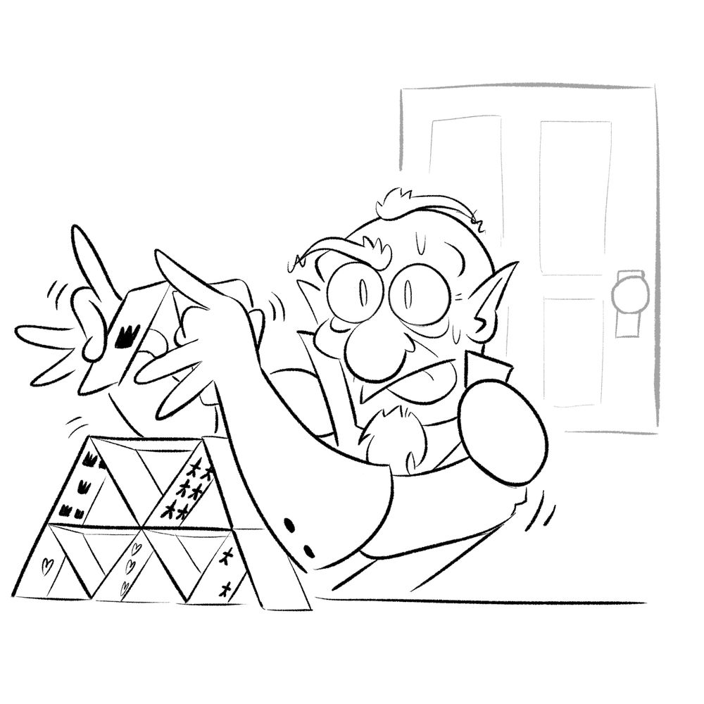 Xehanort nervously prepares the last two cards for his precarious house of cards