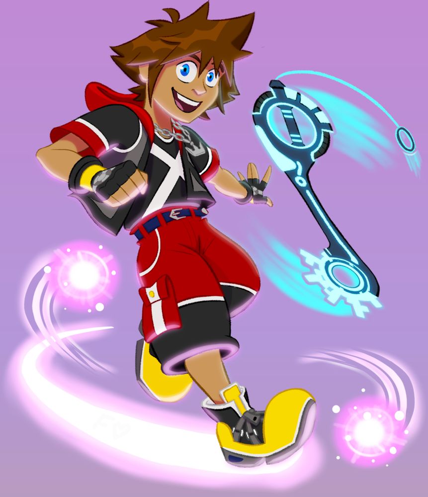 Dream Drop Sora enveloped in Flowmotion light and spinning the Dual Disc keyblade