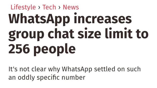 screenshot of an article from the indepedent newspaper reading 'WhatsApp increases group chat size limit to 256 people It's not clear why WhatsApp settled on such an oddly specific number'