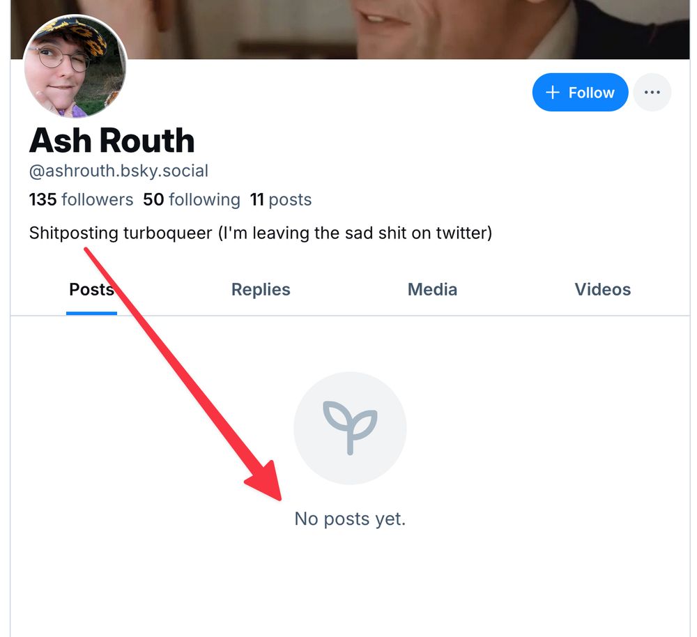 screengrab of ash rouths empty bluesky page despite her bio describing herself as a shitposter