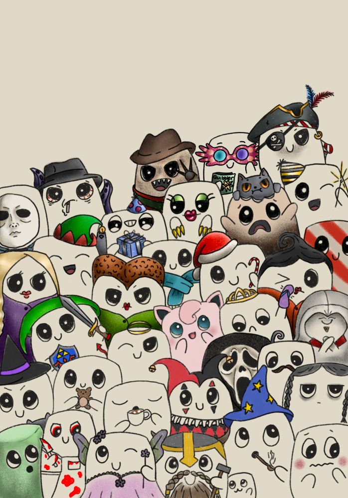 Stack of characters drawn as marshmallows including popular characters such as Ghostface and Freddy Krueger, and random marshmallows with different expressions and accessories.