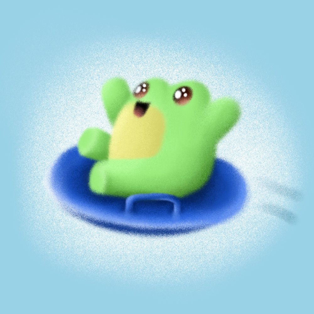Cute, green frog with a yellow belly, arms above their head, and excited brown eyes, sitting on a blue, round sled seemingly flying through the air