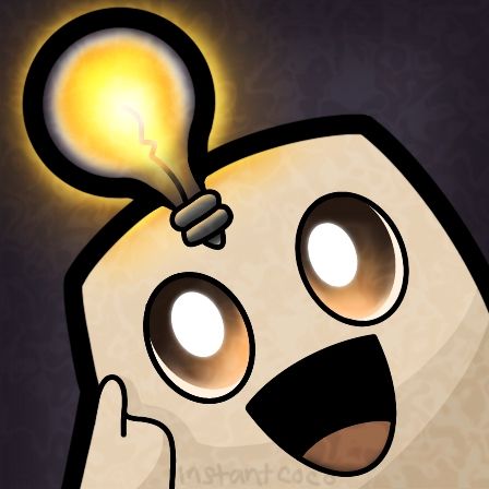 Marshmallow emote with bright brown eyes and an exited expression pointing to a bright, glowing, yellow light bulb above its head on a dark purple background