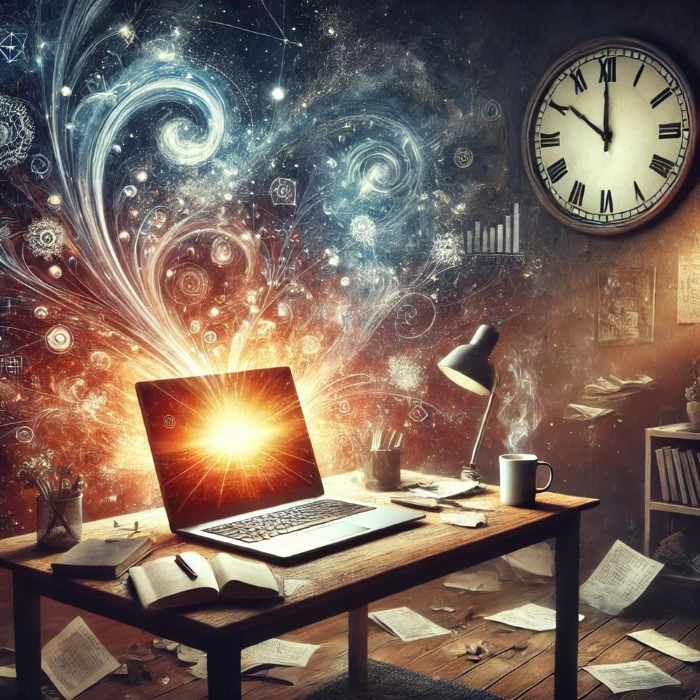 A cozy, dimly-lit room with a cluttered desk lit by a glowing laptop screen. Scattered papers, a coffee cup, and a clock showing late evening surround it. Abstract swirls in the background symbolize time and social media's chaos, creating a reflective, whimsical atmosphere. No people are present.
