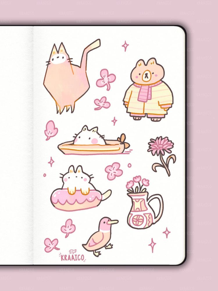 Digital sketchbook page with pink and peach colored doodles of a chonky cat, a blob cat riding a speed boat, a bear wearing a coat, a vase with flowers and a duck, and pink clovers.