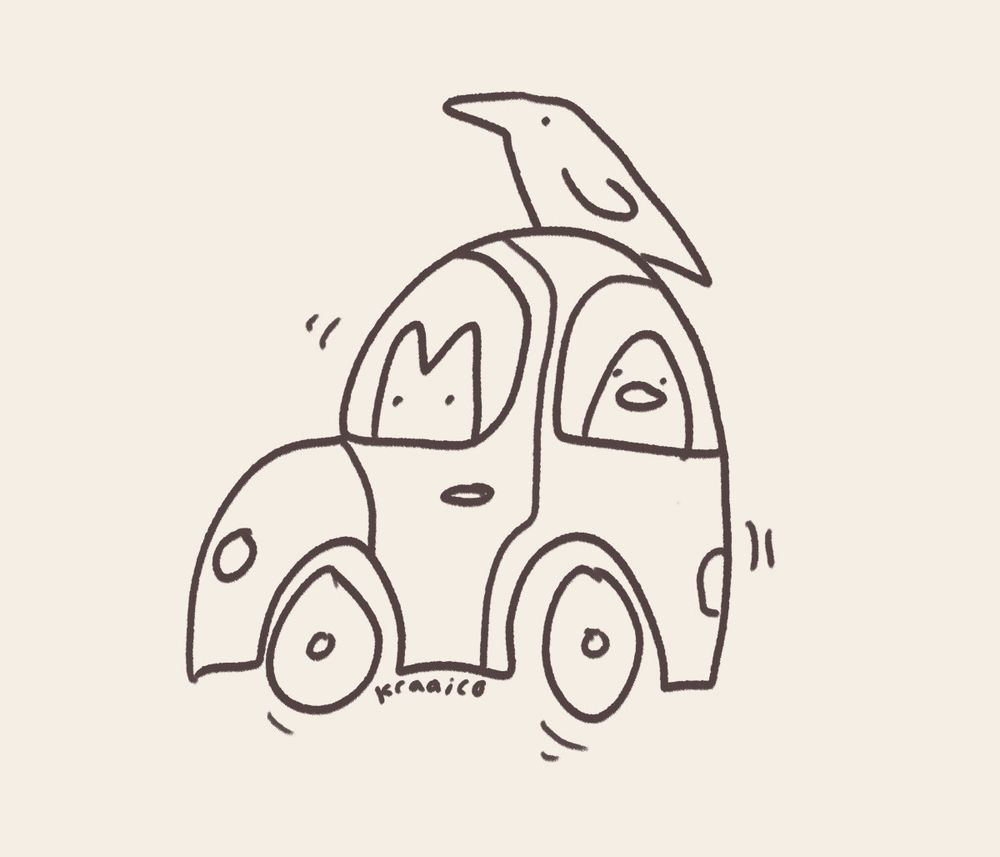 Digital silly doodle of a cat and a duck sitting in a moving toy-like car. A crow sits on the roof of it.