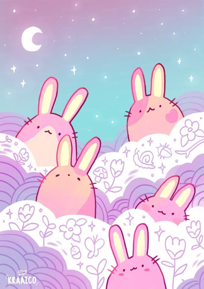 Digital painting of a purple-blue pastel colored cloudscape. On the clouds sit cute round bunnies in shades of pink and peach. The clouds have line doodles of nature related things like flowers, bugs, leaves and mushrooms.