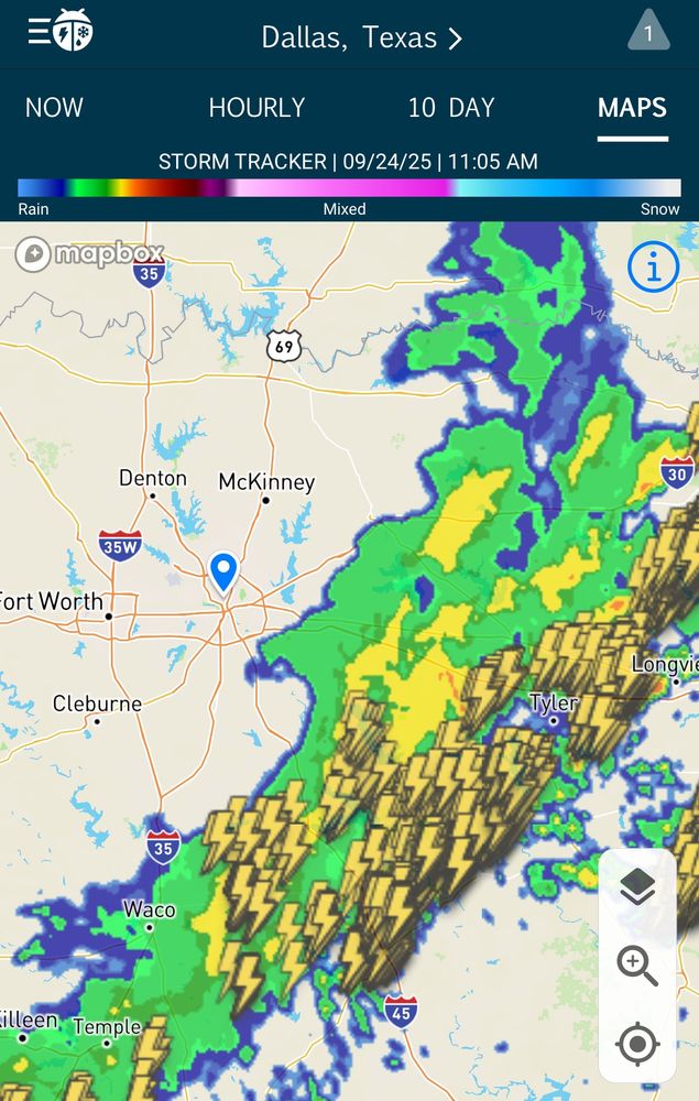 Current radar image of storms having recently passed through Dallas, Texas.