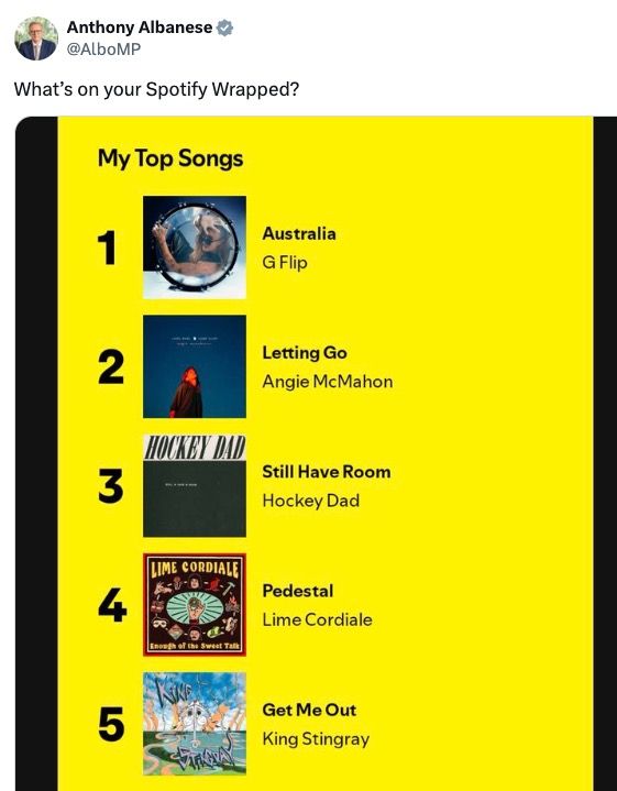 Australian prime minister anthony albanese's spotify top five - australia / g flip; litting go / angie mcmahaon; still have toom / hockey dad, pedestal / lime cordiale; get me out / king stingray