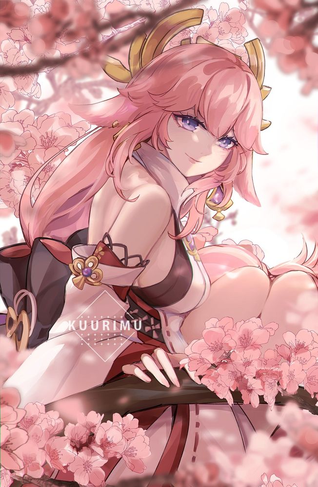 Pink haired girl (Yae Miko from genshin impact) in cherry blossoms