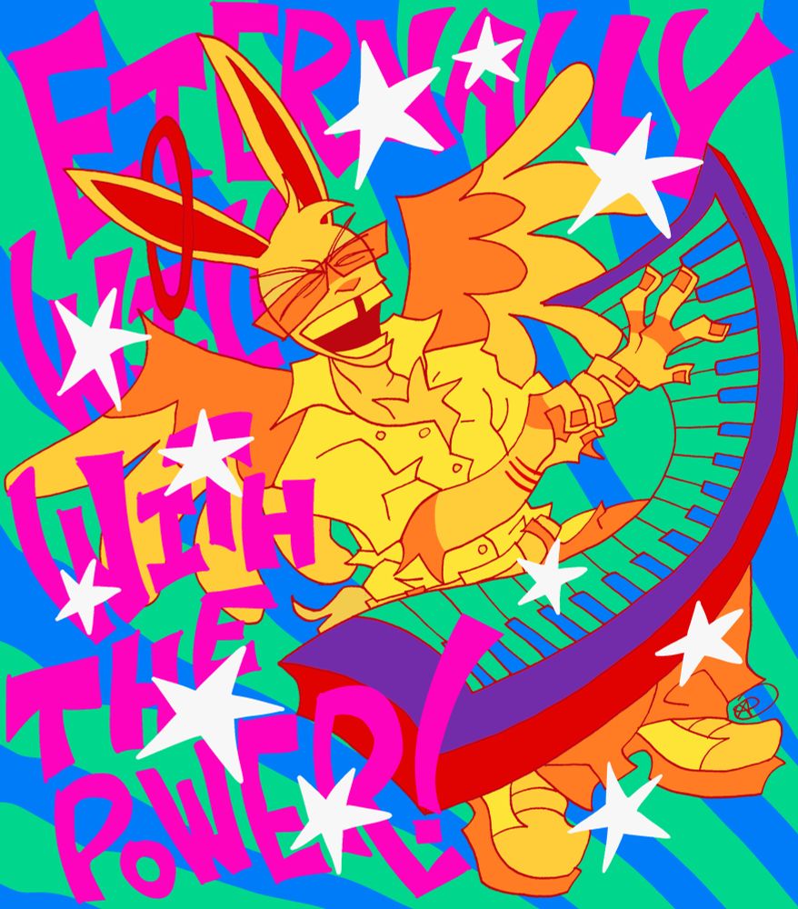 illustration of morningstar playing piano. vibrant colour palette and text reads “eternally wild with the power”