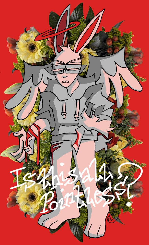 art of morningstar with open cuts with flowers behind him.