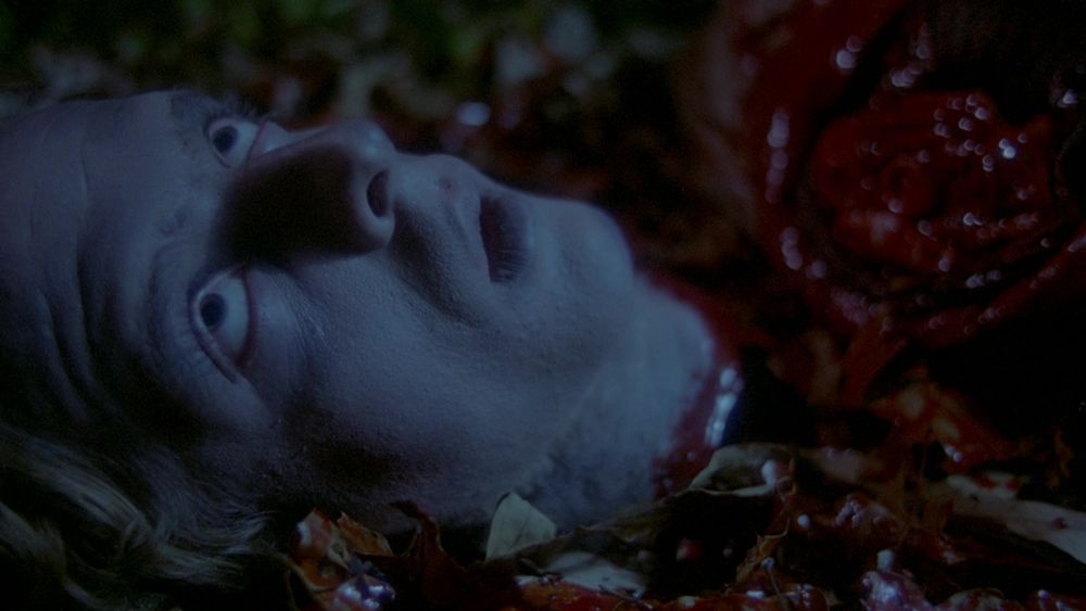 A decapitated head staring deadly up in the air. His bloody stump of a body lies nearby. 