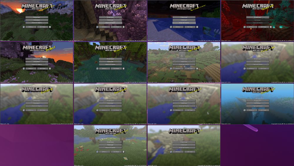 Minecraft instances aligned in a grid.
Each instance with a different game version.
  '1.21.11', '1.20.6', '1.19.4',
  '1.18.2',  '1.17.1', '1.16.5',
  '1.15.2',  '1.14.4', '1.13.2',
  '1.12.2',  '1.11.2', '1.10.2',
  '1.9.4',   '1.8.9'
