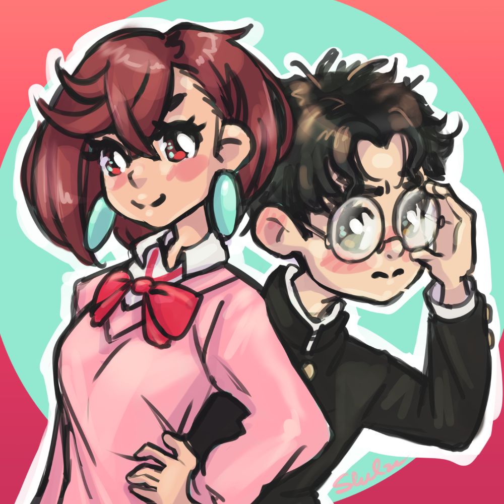 the two main characters from the anime Dan Da Dan, Momo Ayase posing confidently with a hand on her hip and Ken 'Okarun' Takakura slouching and taking a bit of cover behind her, adjusting his big round glasses.
