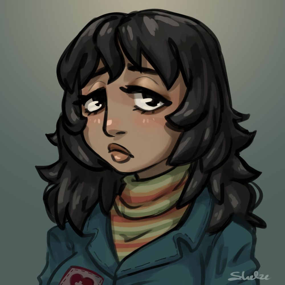 A digital portrait drawing of the character Anya from the videogame Mouthwashing. She's wearing her denim work jacket with a medic heart patch on one breast, with a wide folded collar. Her turtleneck has a striped pattern of retro greens to orange. She's facing off to the side but looking at the viewer, a somber look on her droopy face. Her eyes are glamoured but she looks tired, with her desert grey skin mixed with warm undertones. Her stark black hair is styled spikey and wavy, with short bangs covering her forehead. 