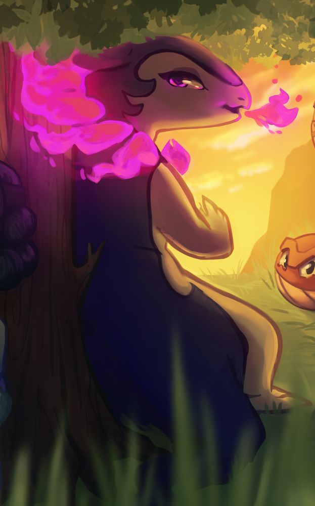 A digital drawing of the pokémon Typhlosion from the Hisuian region. She's leaning back against a tree backlit by a golden sunset, blowing a little fire out of her mouth. Her flames are neon pink and she's looking slyly at the viewer. Grass is taking up a bit of the foreground, and a hisuian voltorb is peeking into the right side of the frame.