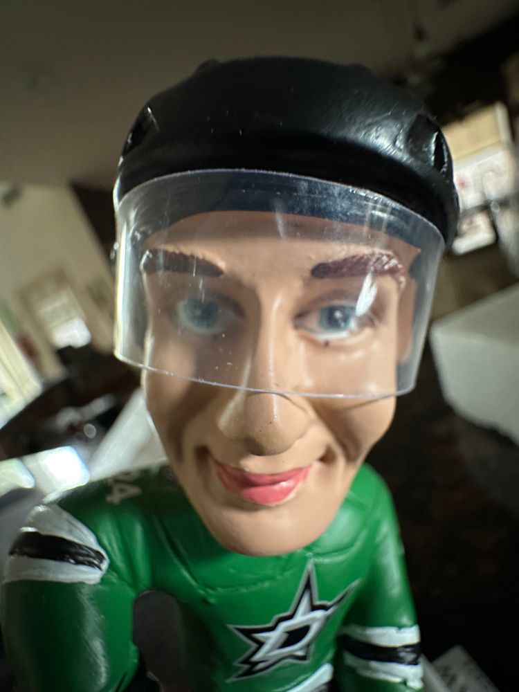 A Roope Hintz (hockey player) bobblehead. The proportions of his face make it look like the photo was taken at .5 zoom