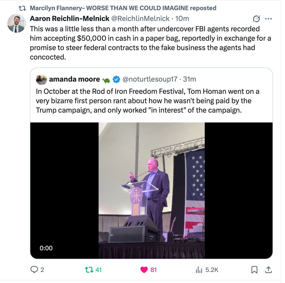 From a twitter/x post:  a photo of Tom Homan, now Trump border czar, speaking at the 2024 Rod of Iron Freedom Festival -- described by independent journalist Amanda Moore as going on a "very bizarre first person rant about how he wasn't paid by the Trump campaign".  Rod of Iron is associated with the Moonies cult and Trump-licking Epoch Times. 