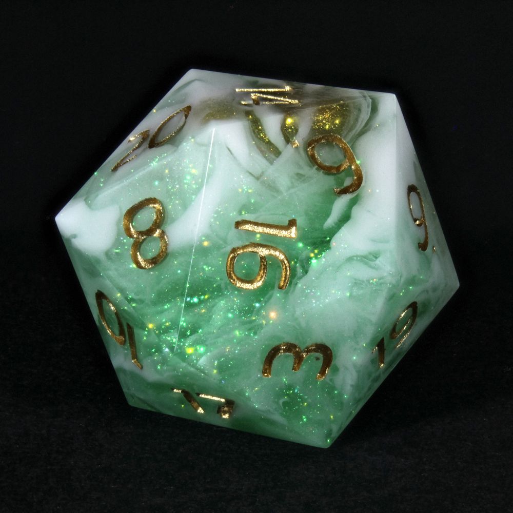 A single 20 sided die. It is a swirled mix of greens and white. The numbers are gold