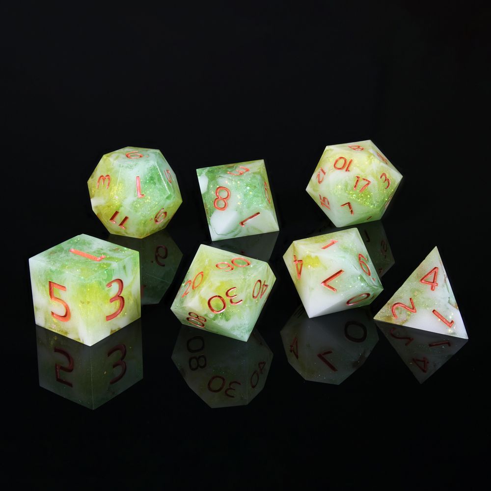 These are 7 polyhderal dice. They are a swirled, cloud like mix of green, white and yellow. The numbers are painted in a pale orange.