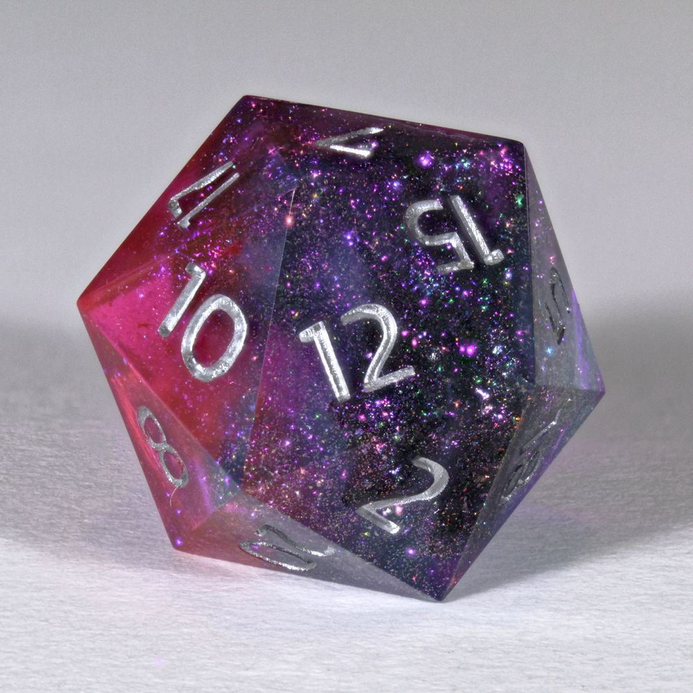 A single 20 sided die. It is a mix of pink, purple and blue. The numbers are silver