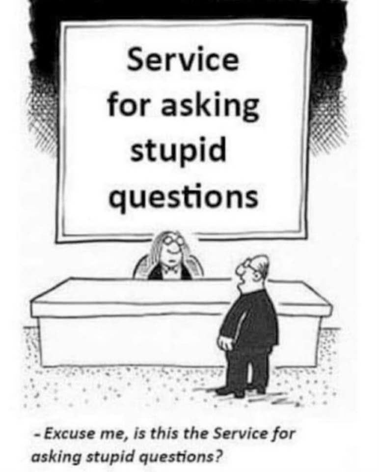 Un bureau avec une dame assise, derrière elle, un énorme poster indiquant "Service for asking stupid questions". Devant, un homme arrive et dit : "excuse-me, is it the service form asking stupid questions ?" (pas de mention de l'auteur)