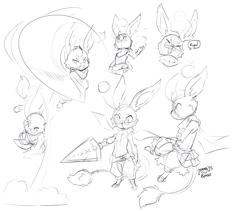 Six sketches of an ivalician Moogle with a long tail in various poses, including striking with his sword, conjuring magic, saying "kupo!", tossing an item into the ground, posing with sword to the side, and leaping into the air. 