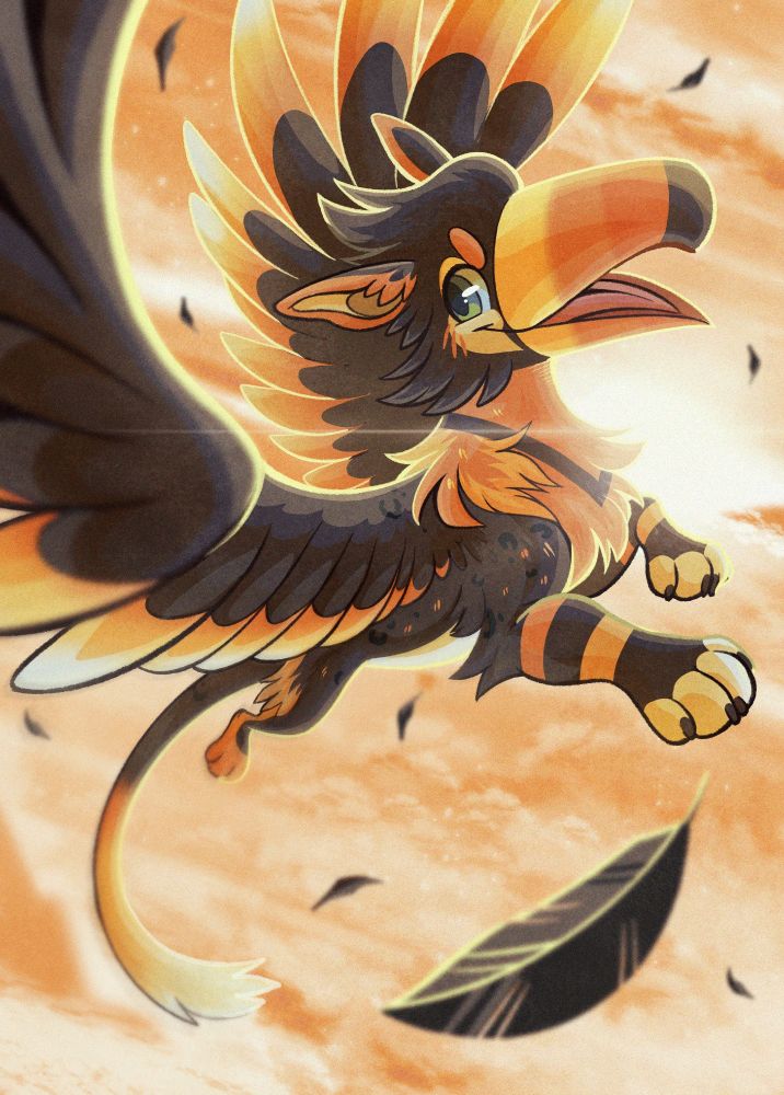 Digital illustration of a toucan gryphon character flying dynamically through orange clouds during a sunset. He has a big smile on his face and feathers are scattered across the sky. 