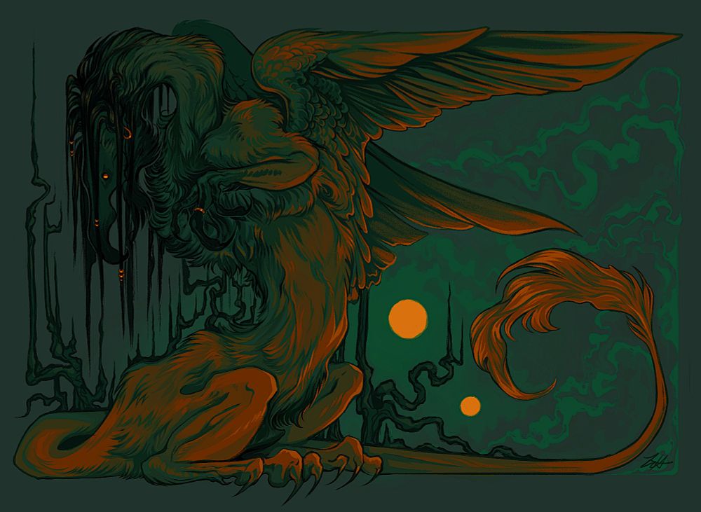 A digital painting of a griffon-like monster. Its avian face points towards the ground, black beak looming open. Hair cascades over its face. It holds its talons up, claws bared. It sits on lion-like legs. Two large wings unfurl behind it. Its long, plumed tail forms the bottom border of the illustration. The monster is green, teal, and orange, its feathers highlighted in a yellow light. There are two yellow suns in a green sky. Eerie trees sprawl across the horizon.