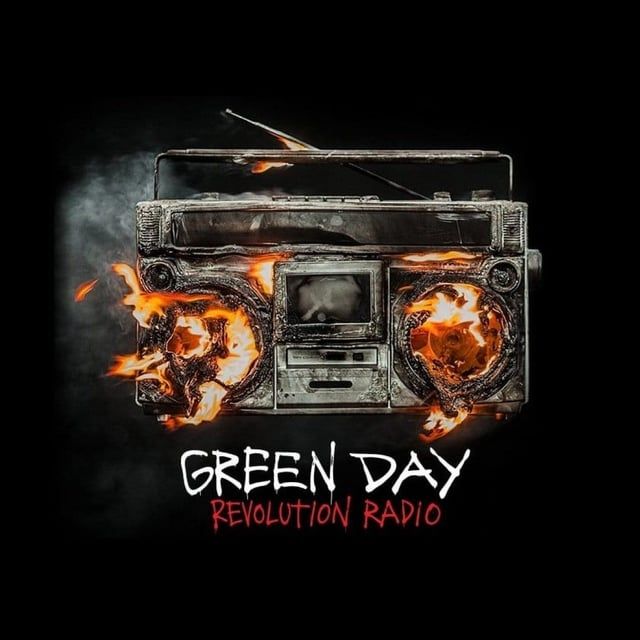 The album cover for Green Day's album Revolution Radio, depicting a radio on fire