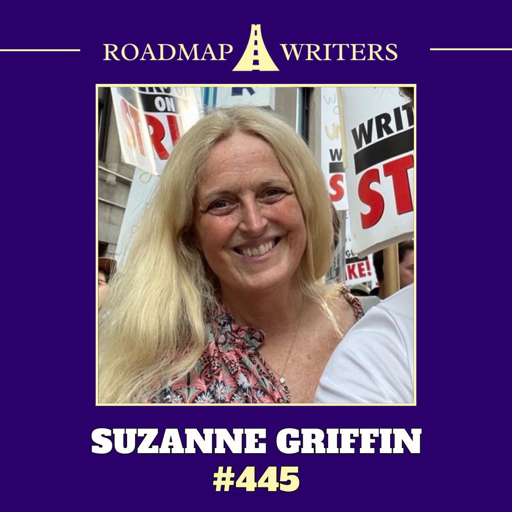 A dark purple square with the Roadmap Writers logo centered at the top in yellow with yellow lines on either side stopping about a half inch before touching the logo. Beneath is a square photo, lined in the same shade of yellow. The photo is of Suzanne Griffin, a white woman. Below the picture in white letters on one line of text is “Suzanne Griffin” and below that in the same yellow is “#445”