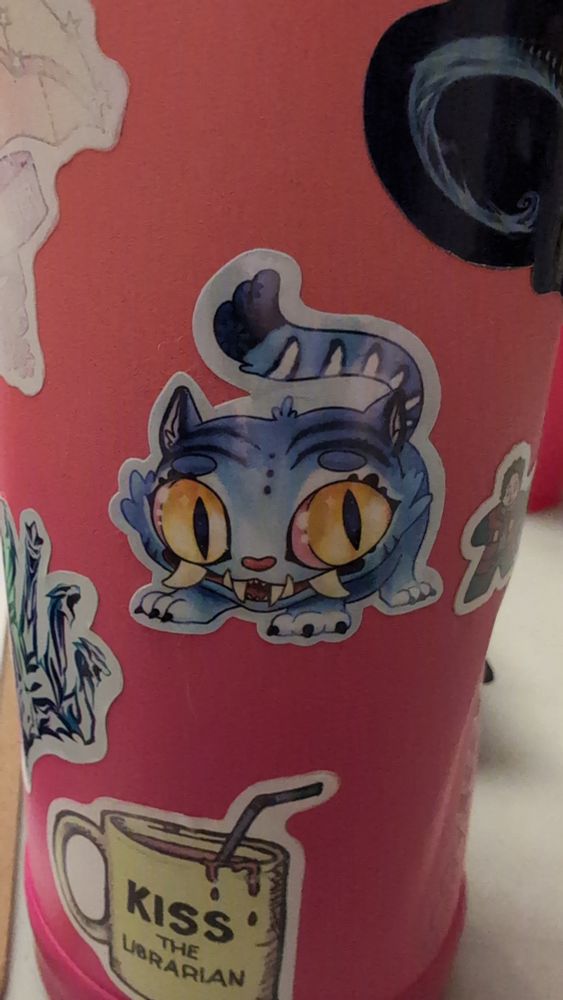 A sticker of Derpy cat from K-pop Demon Hunter on a water bottle
