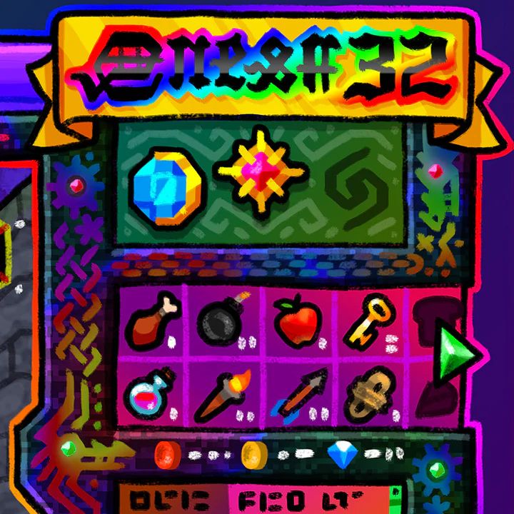 cropped view of a digital drawing of a fake video game screen, featuring a gold scroll with the title "quest 32" followed by gems and common RPG items.